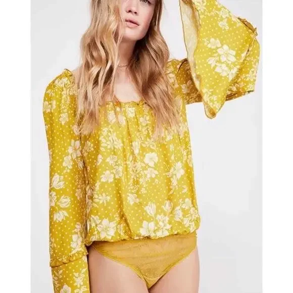 Free People One On One Date Bodysuit Marigold Yellow Floral Bell Sleeve XS Boho - Picture 3 of 14